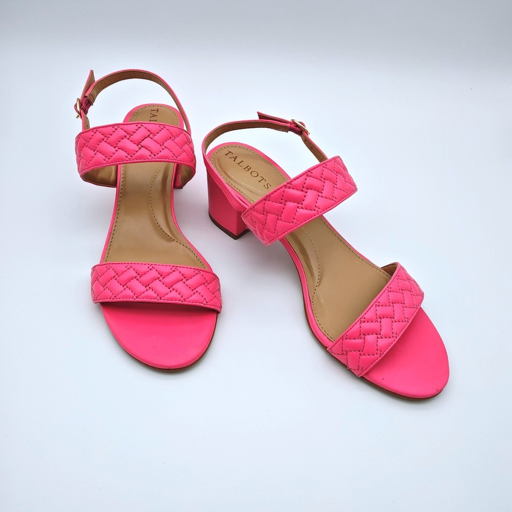 Talbots Pink Geranium Quilted Leather Sandals Size 8 Block Heel Ankle Strap